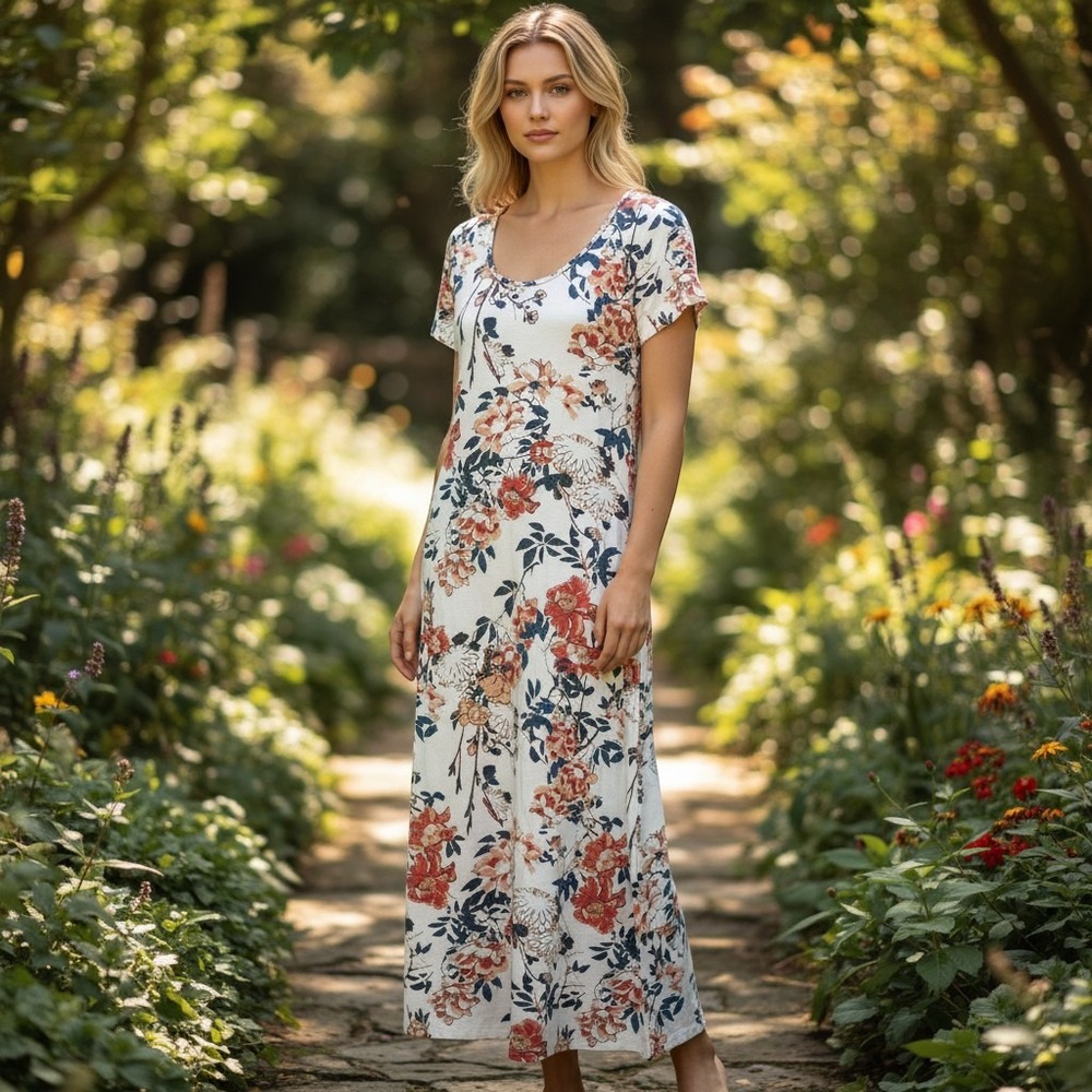 Peruvian Connection Maxi Dress Women's Size XS Ivory‎ Floral Pima Modal Stretch